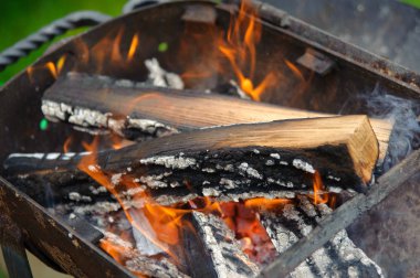 Bir ağacın kesilmesinden kırmızı alev. Bir brazier yanan yakacak odun. F