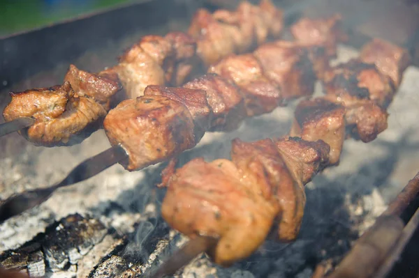 Churrasco saboroso fresco com carne kebab no braseiro ao ar livre — Fotografia de Stock