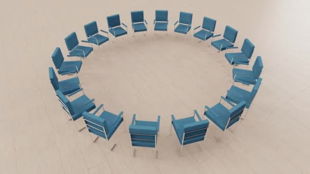 Blue Chairs Circle Rotating Loop Animation Light Wooden Floor Meeting — Stock Video