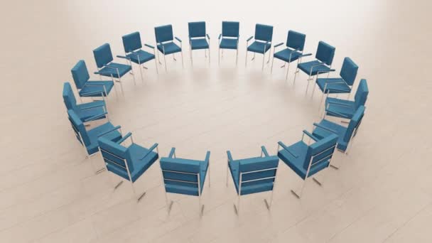 円の回転で青椅子ループ アニメーション光木質系床 支援グループ 交渉コンセプト レンダリング — ストック動画