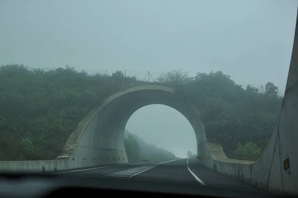 Verkeers boog in de mist, een tunnel in de bergen — Stockfoto