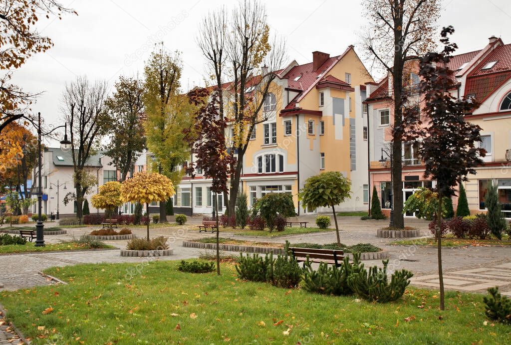 Main square in Ustrzyki Dolne. Poland