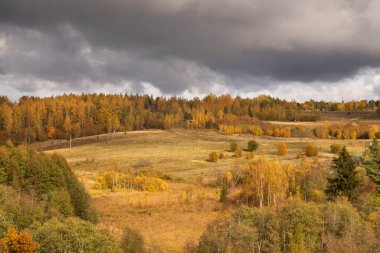 Izborsk şehri yakınlarındaki sonbahar manzarası. Rusya