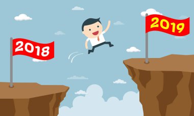 Yıl 2018 yeni yıl 2019 atlama mutlu iş adamları. başarı iş kavramı vektör çizim. Yaratıcı kavramı. Vektör çizim