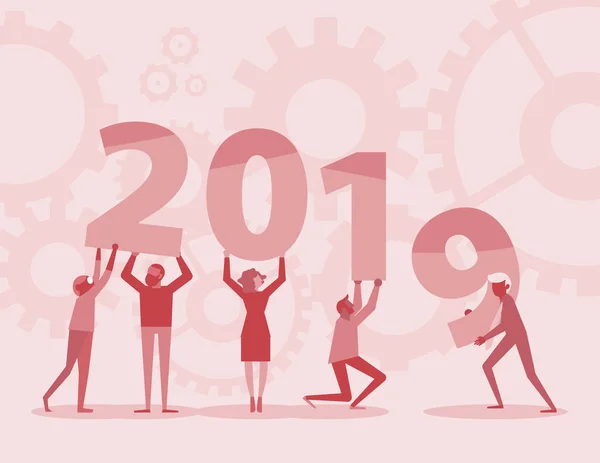 Gelukkig Nieuwjaar 2019 Tekst Houden Door Team Vlakke Stijl Ontwerp — Stockvector