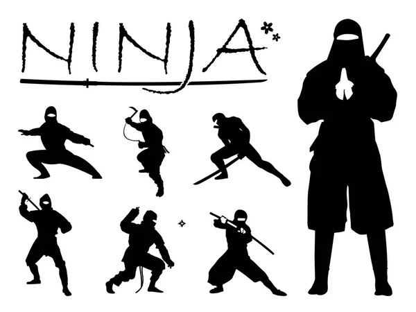 Set Ninja Silhouette Vector Illustration Ninja Weapon Silhouette Ninja Japanese — Stock Vector