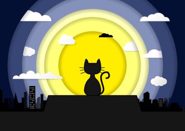 Ay ışığı Kağıt Sanatı'nın çatı arka planında oturan kedi. Hepsi tek bir katmanda. Vektör illüstrasyon. Arka planda ay şehir ve yıldızlı gece ile çatıda Siyah kedi.