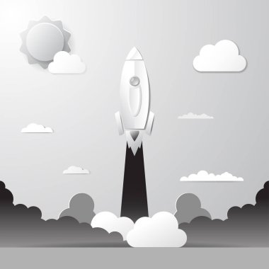 Beyaz kağıt başlangıç roket konsepti vektör çizimi. Rocket Startup Business Design Concept kağıt sanatı tarzı. Roket fırlatıldı. Vektör illüstrasyonu.