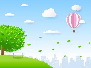 Kağıt sanat tarzında Yeşil Şehir. Şehir Manzaralı Spring Garden Vektör illüstrasyon. Güzel bir yaz şehir parkı kağıt sanat tarzı Vektör illüstrasyon. 