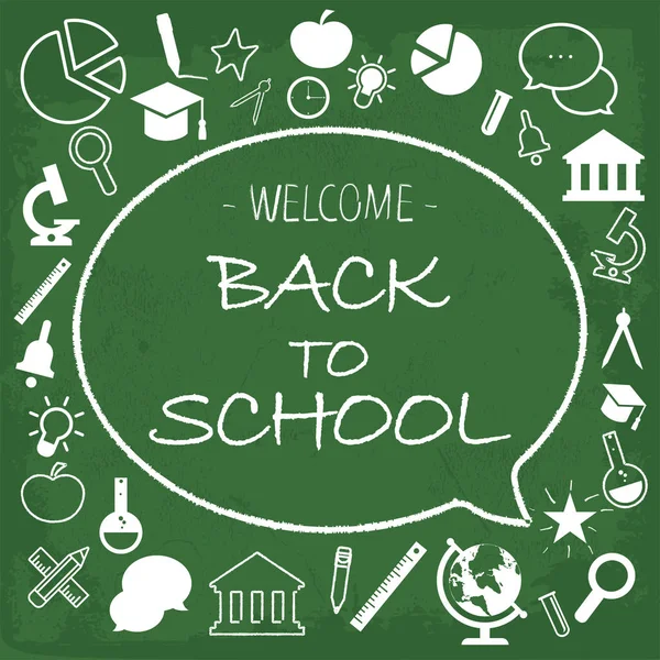 Back School Card Chalk Hand Drawn. Welcome back to school chalk everyone included text and education icon set on green chalkboard. Back to school, business learning with book, hand and hand drawn symbols.