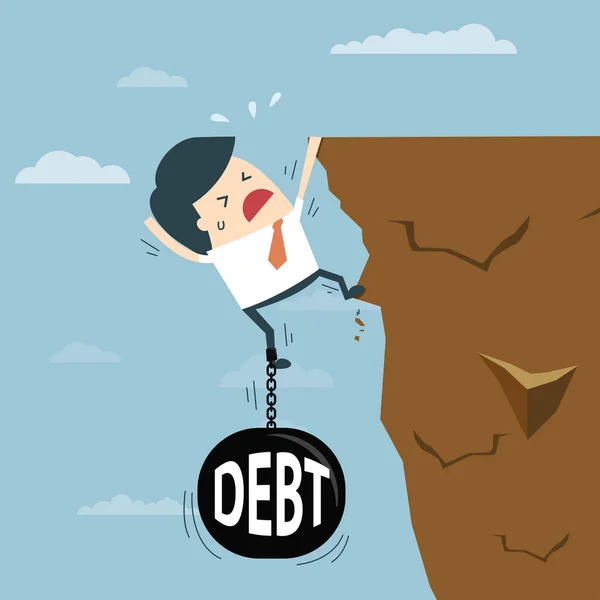 Business man with Debt falling from cliff concept. Debt bring down. Businessman try hard to hold on the cliff with debt burden. Vector illustration.