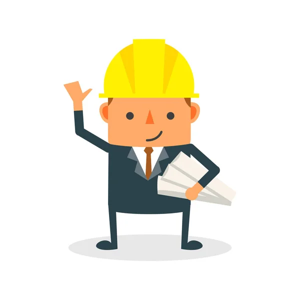 Construction Worker Engineer Architect Holding Projects Blueprints Cartoon Character Engineer — Stock Vector