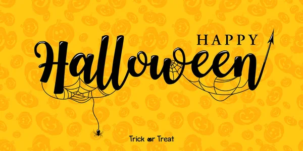 Felices Letras Vectoriales Halloween Con Fondo Grabado Detallado Calabaza Caligrafía — Vector de stock