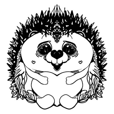 Şirin, komik kirpi. Sanat tarzında elle çizilmiş. Tek renkli vektör çizimi. Beyazda izole edilmiş.