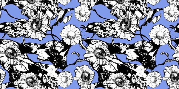 Monochrome motif floral sans couture avec camomille. Fleurs et feuilles blanches sur fond bleu. Tiré à la main. Pour le design, textile, impression, bannière, papiers peints, papier d'emballage. Illustration vectorielle. — Image vectorielle