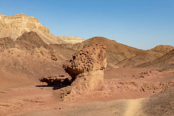 自然の彫刻キノコとティムナ渓谷の岩の砂漠アラバの青い空と赤の山々に対して半分 — ストック写真