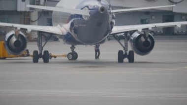 Turuncu pushback römorkör bas backwords bir Airbus A320 Sheremetyevo Havaalanı
