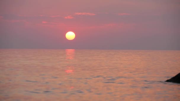 Grande disco do sol no céu rosa nublado. Pôr do sol sobre o mar. A água reflete a luz solar — Vídeo de Stock