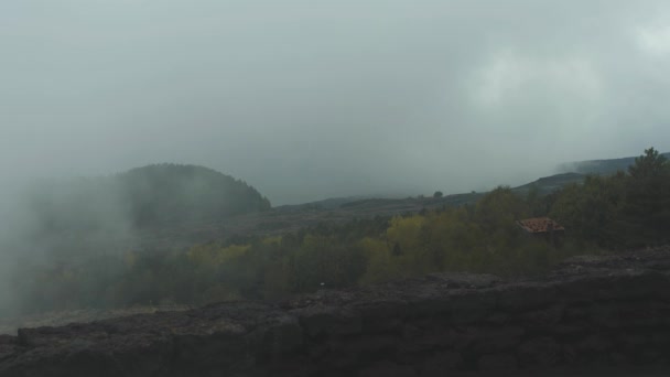 Στέκεται στο εσωτερικό μεγάλο γκρίζο σύννεφο στην κορυφή ενός βουνού. Χαμηλή ορατότητα στο myst — Αρχείο Βίντεο
