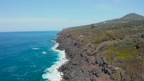 野生の岩の海岸の空中。青い海の波が白い泡に黒い石に壊れる — ストック動画