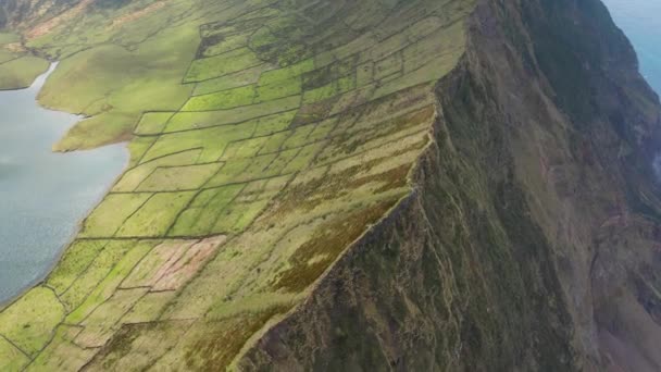 Volare lungo la scogliera. Piste verdi di enorme caldera del vulcano Corvo. Aerea delle isole Azzorre — Video Stock