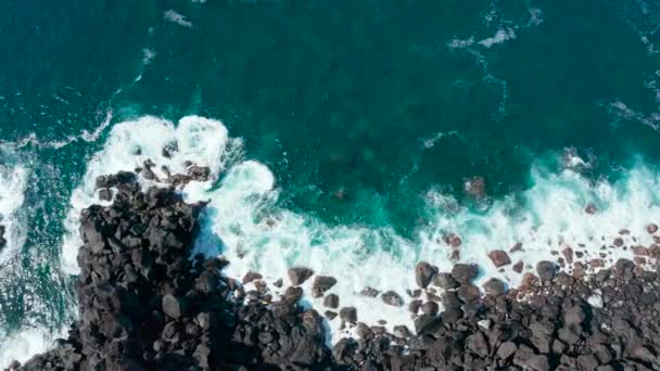 Les vagues bleues de l'océan se brisent en mousse blanche par des pierres noires sur un rivage. Aérien du littoral des Açores — Video