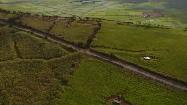 Fliegen über grüne Bergrücken ins Tal mit vielen Feldern. Antenne von serra do cumo, terceira, azores — Stockvideo