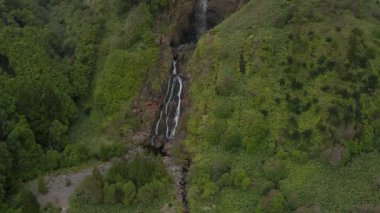 Dik yamaçtaki şelale akıntıları. Dağın tepesi bulutlar içinde kaybolur. Ferreiro Çeşmesi, Flores, Azores