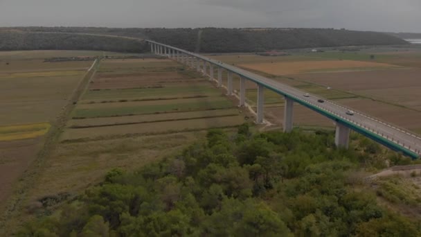 Coches en un puente de hormigón sobre los campos agrícolas del valle del río Mirna. Aérea de Istria, Croacia — Vídeo de stock