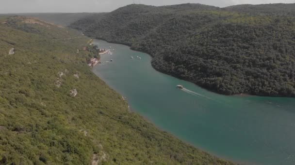 Motoscafo galleggia in stretta baia tra colline boscose. Aerial of Lim bay, Rovigno, Croazia — Video Stock