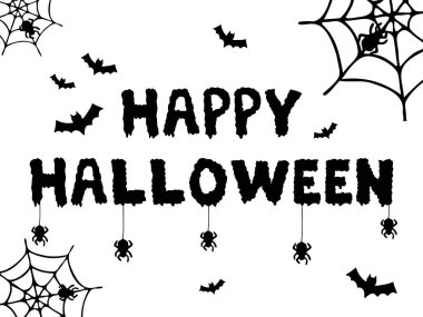 Beyaz arka planda izole edilmiş örümcek ve yarasalarla dolu mutlu cadılar bayramı mektupları.