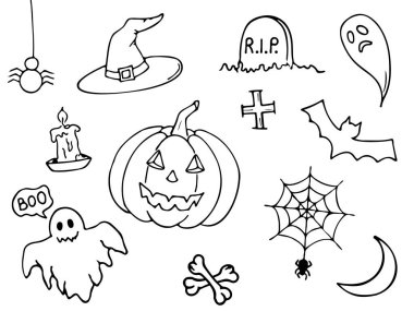 Kutlama, şablon ve dekorasyon için hazırlanmış Cadılar Bayramı sembolü. Cadılar Bayramı 'nız kutlu olsun. Doodle tarzı. Posterlere baskı yapıyorum. Cadılar Bayramı için sonbahar seti. 