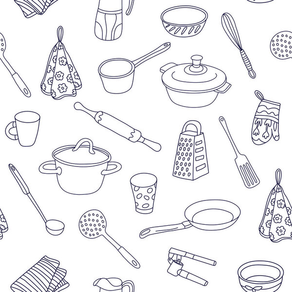 Векторные каракули бесшовный узор с кухонными инструментами и посудой. Кастрюля, терка, кувшин, лопатка, сковородка, венчик, ковш. Отлично подходит для тканей, оберточной бумаги, чехлов. Ручная иллюстрация на белом
.