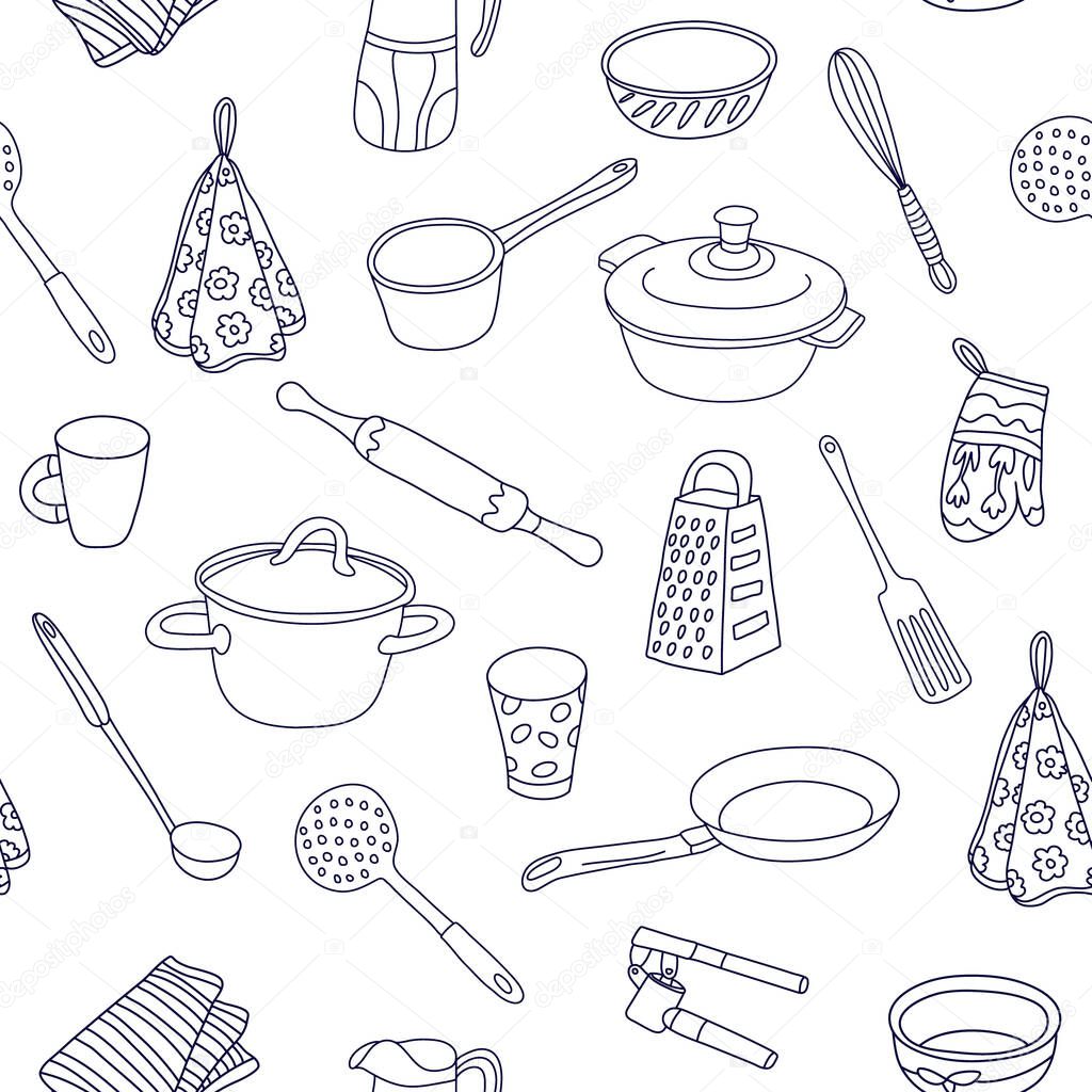 Vector doodle seamless pattern with kitchen tools and utensil. Saucepan, grater, jug, spatula, frying pan, whisk, ladle. Great for fabrics, wrapping papers, covers. Hand drawn illustration on white.