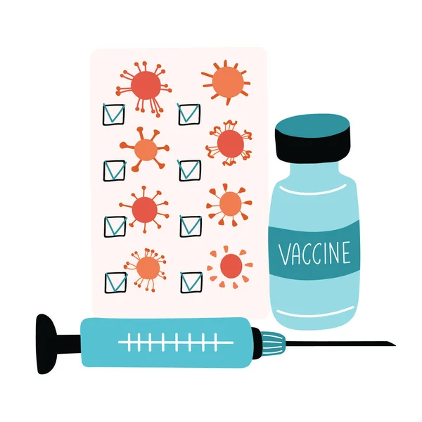 さまざまなコロナウイルス ワクチン 注射器を備えたポスター 予防接種と健康保護の概念 白を基調としたベクトルイラスト — ストックベクタ