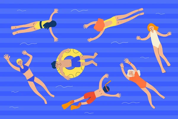 Conjunto Personas Nadando Sobre Fondo Rayas Azules Hombres Mujeres Adolescentes — Vector de stock