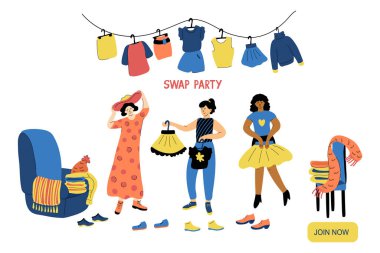 Swap party vector illustration isolated on white background. Friends exchange their clothes and shoes. Three nice women on an eco-friendly event. Landing page template. clipart