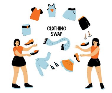 Clothing swap. Hand drawn lettering and vector illustration isolated on white background. Friends exchange their clothes and shoes. clipart