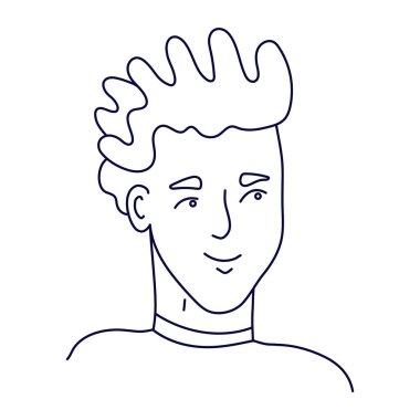 Şık bir saç kesimi olan sevimli bir adamın karalama portresi. İzole edilmiş dış hat. Beyaz arkaplanda siyah mürekkeple el çizimi vektör çizimi.