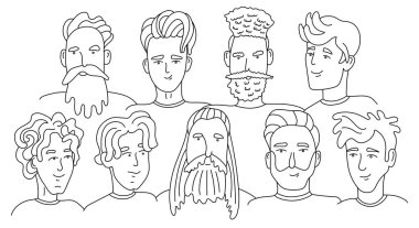 Moda saç kesimi, sakalı ve bıyığı olan çekici adamlar. Beyaz arka planda siyah mürekkeple el çizimi vektör çizimi. İzole edilmiş dış hat. Doodle tarzı. Berber dükkanları için harika..