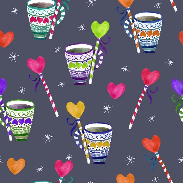 Seamless pattern with beautiful colorful Christmas mugs, candies on a sticks decorated with hearts and snowflakes. Watercolor illustration isolated on dark background.  Great for Xmas textile design.
