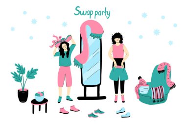 Clothing swap party vector illustration isolated on white background. Friends exchange their clothes and shoes. Two nice women on an eco-friendly event. Flat with floor mirror, houseplant and armchair clipart