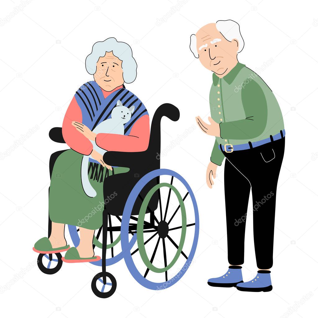 Illustration of senior couple. The woman in a wheelchair with a cat. The man standing near her. Old people characters. Nice couple. Great for design social issue posters.