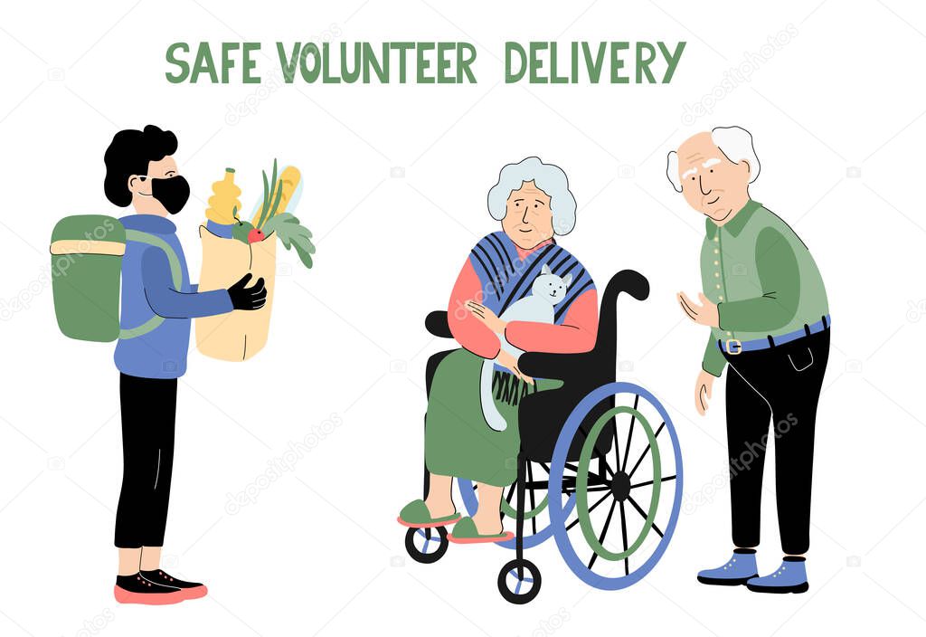 Safe volunteer delivery. Lettering and Illustration of senior couple and a young man with a protective mask and gloves. He brought a package full of food to help vulnerable people.