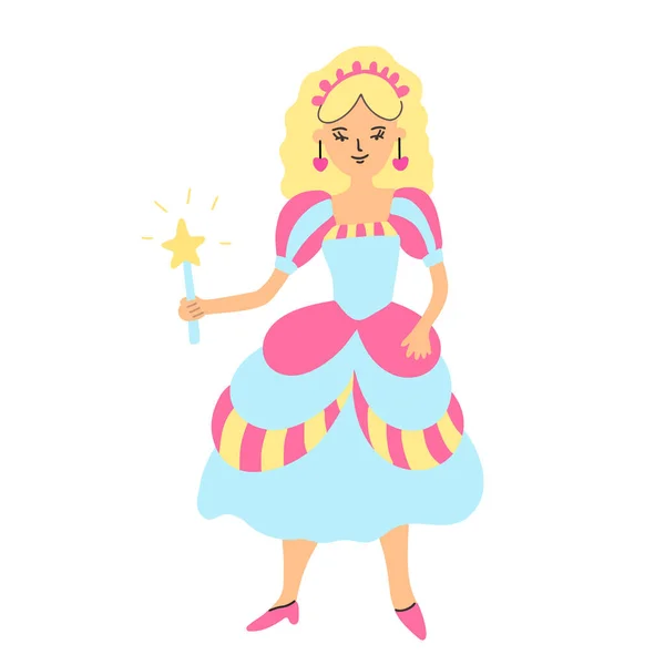 Hezká Princezna Krásné Šaty Korunu Kouzelnou Hůlku Květinou Ručně Kreslené — Stockový vektor