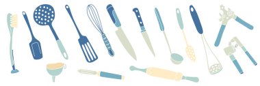 Yemek pişirme aletleriyle vektör ayarlandı. Yuvarlanan iğne, spatula, çırpıcı, konserve açacağı, sarımsak presi, kepçe, piller, yuvalı kaşık, huni, bıçaklar. Resimler beyaz arkaplanda izole edildi.
