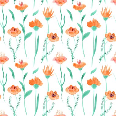 Beyaz arka planda uzun saplı, yaprakları ve fantezi turuncu renkli çiçekleri olan suluboya desenleri. Güzel tekstil baskısı. Kumaşlar, ambalaj kağıtları, duvar kağıtları, örtüler, çarşaflar için harika..