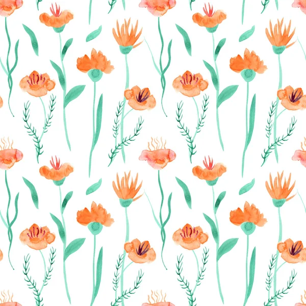 Watercolor Seamless Pattern Leaves Fantasy Orange Color Flowers Long Stalks — Stock Photo, Image