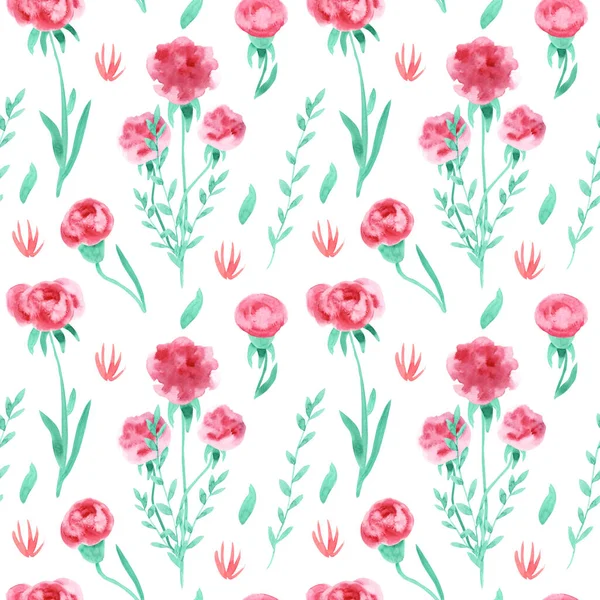 Akvarell Zökkenőmentes Minta Levelek Fantázia Rózsaszín Bazsarózsa Rózsa Virágok Fehér — Stock Fotó