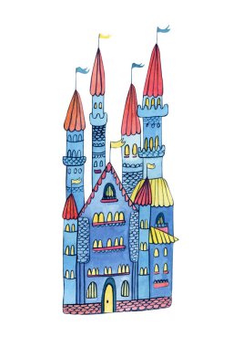 Karikatür tarzında kuleleri ve bayrakları olan suluboya bir ortaçağ kalesi. Beyaz arka planda izole edilmiş elle boyanmış bir resim. Çocuk tasarımı için harika. Mavi, kırmızı, sarı renkler.